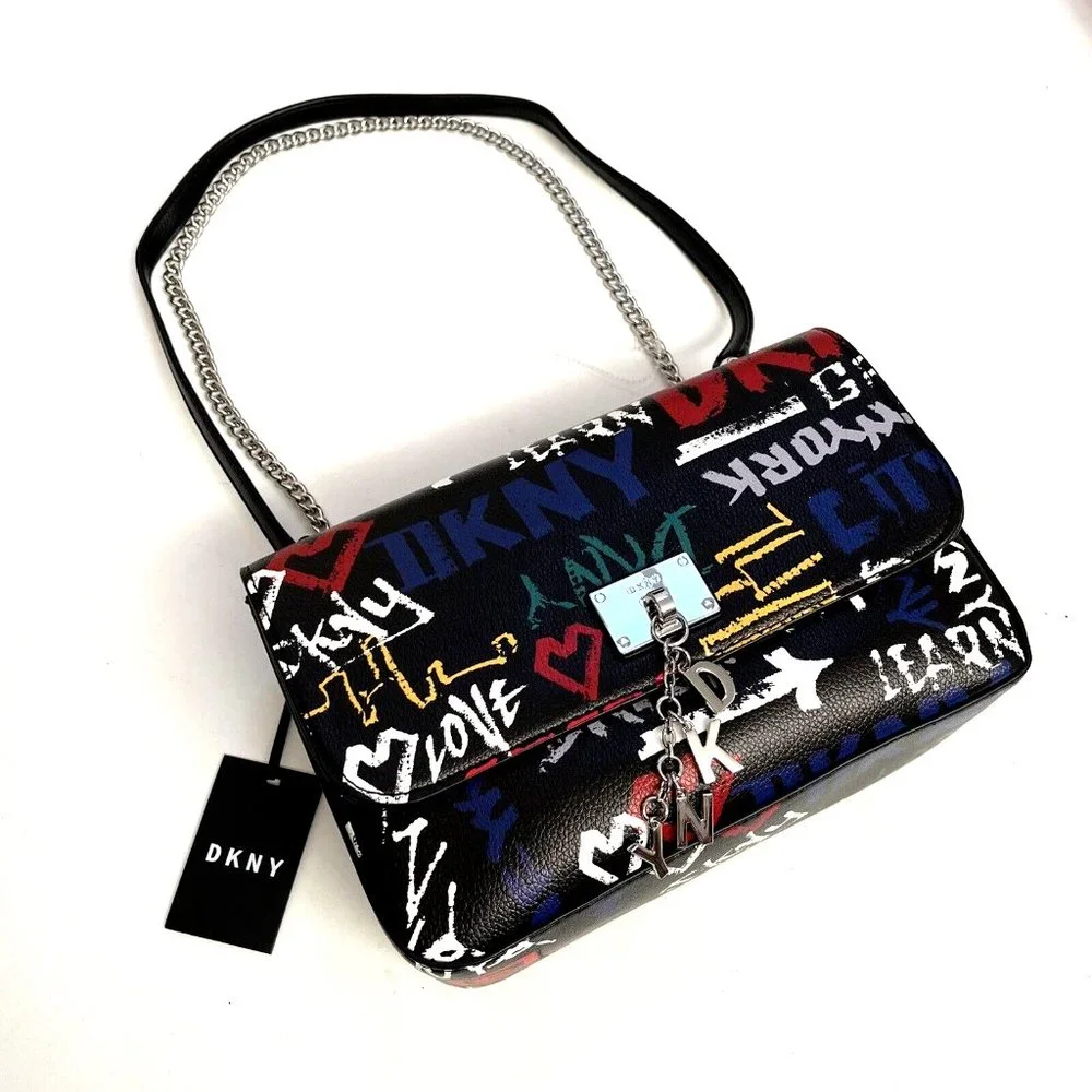 DKNY Cleo Medium Graffiti Crossbody Shoulder Bag Black Multi Logo Chain NWT $230